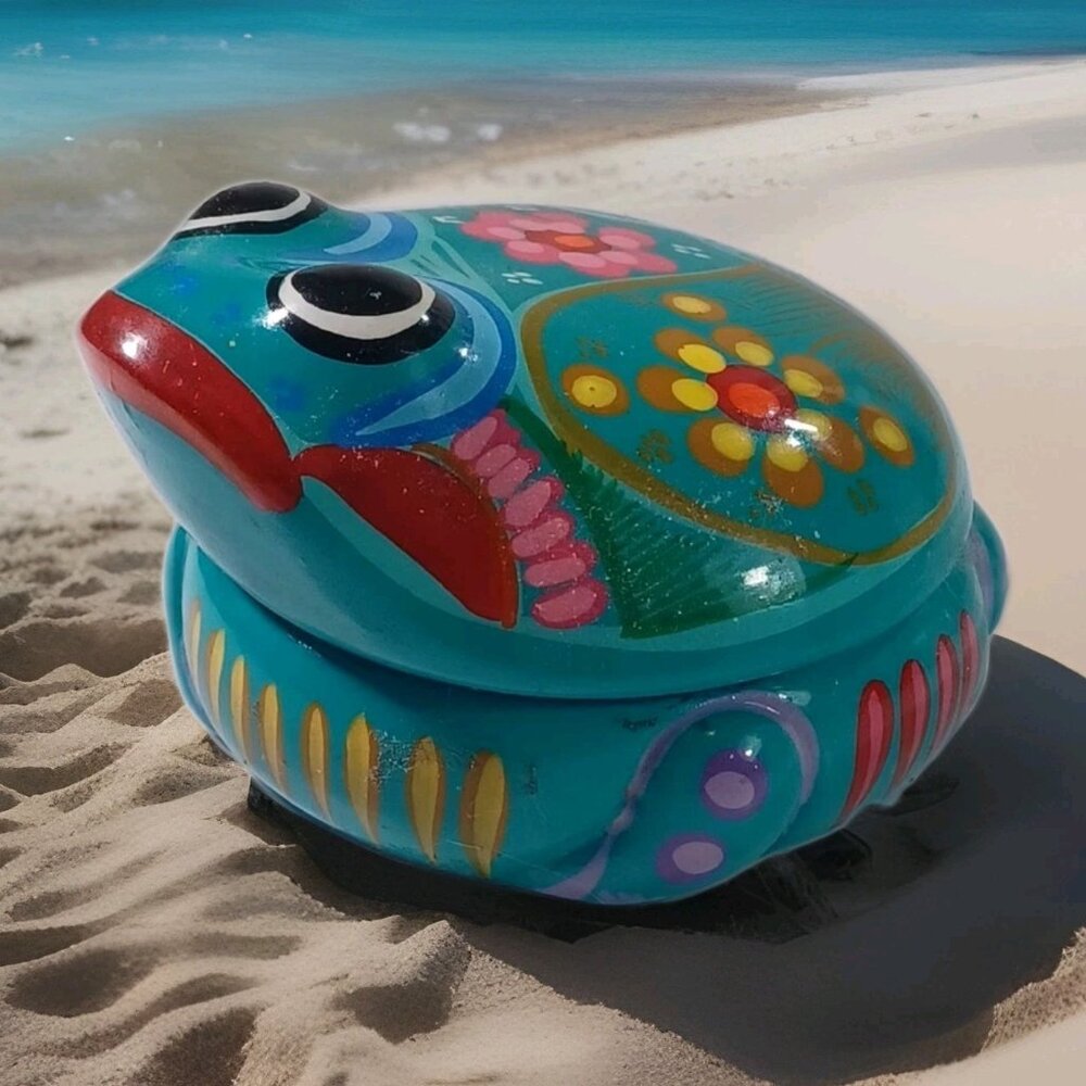 Talavera Mexican Folk Art Pottery Frog & Flowers Trinket Box Teal Green Pink